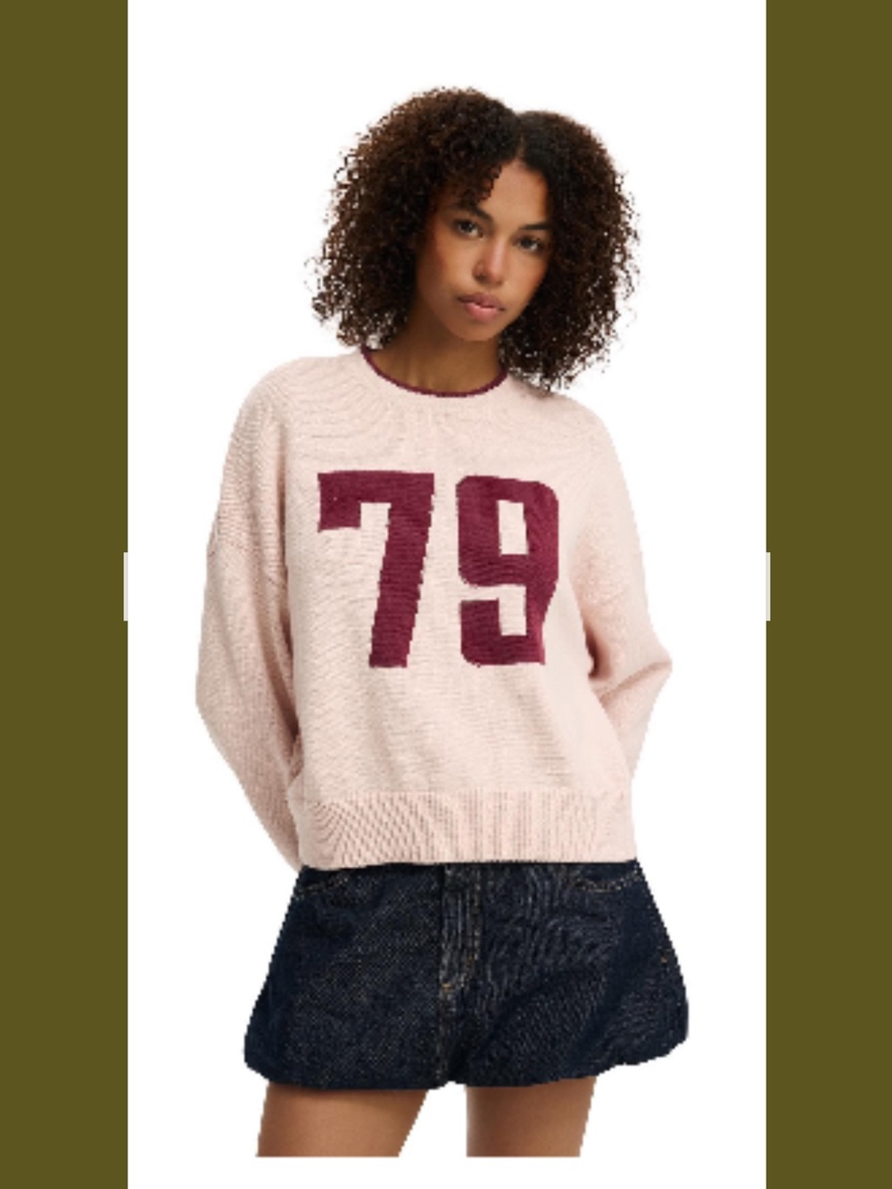 Relaxed Pink Knit Crewneck Sweater with Burgundy '79' Graphic